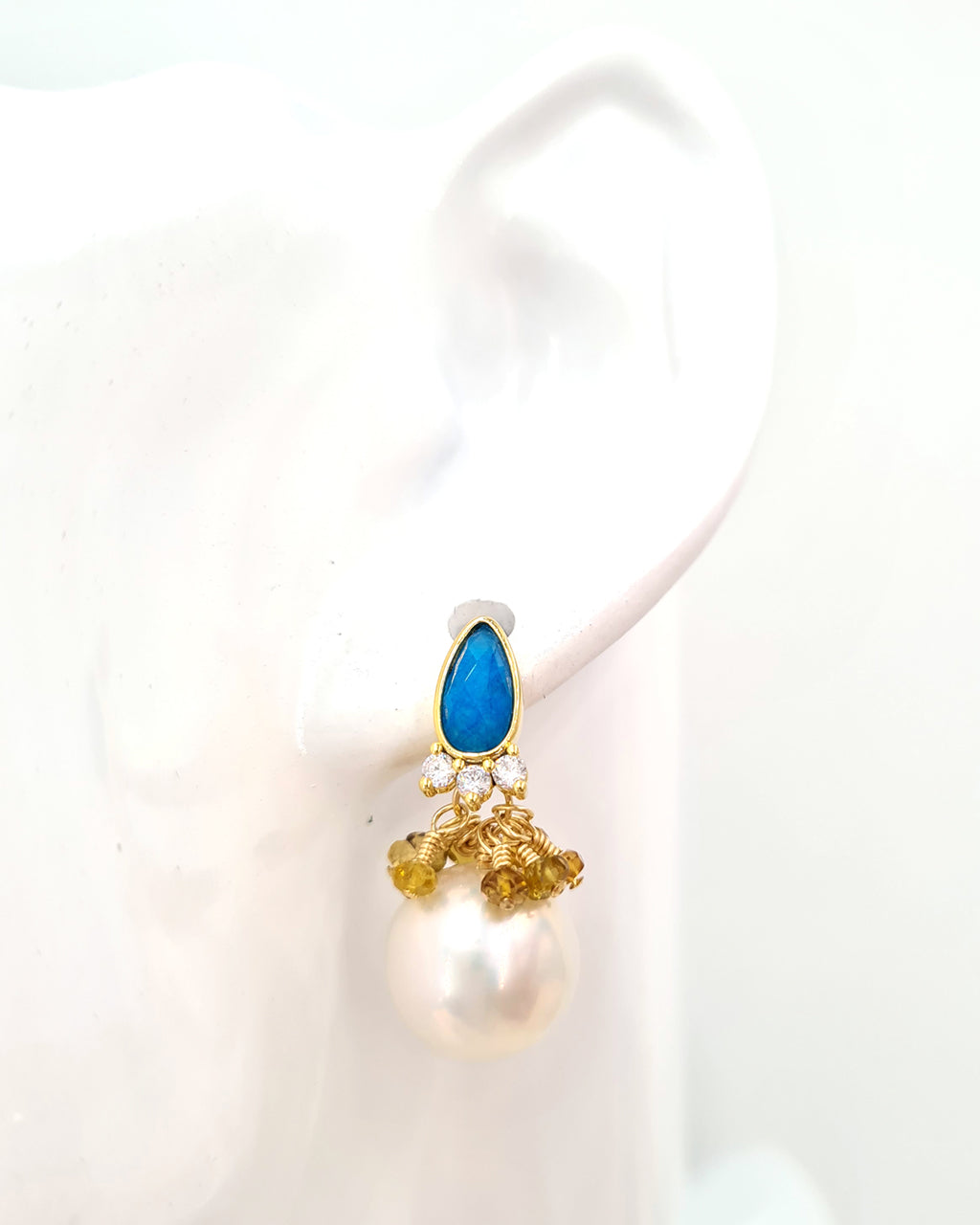 Classy Gemstone Cluster & Metallic White Edison Pearl Earrings - Blue Chalcedony | Modern Wedding Pearl for Brides