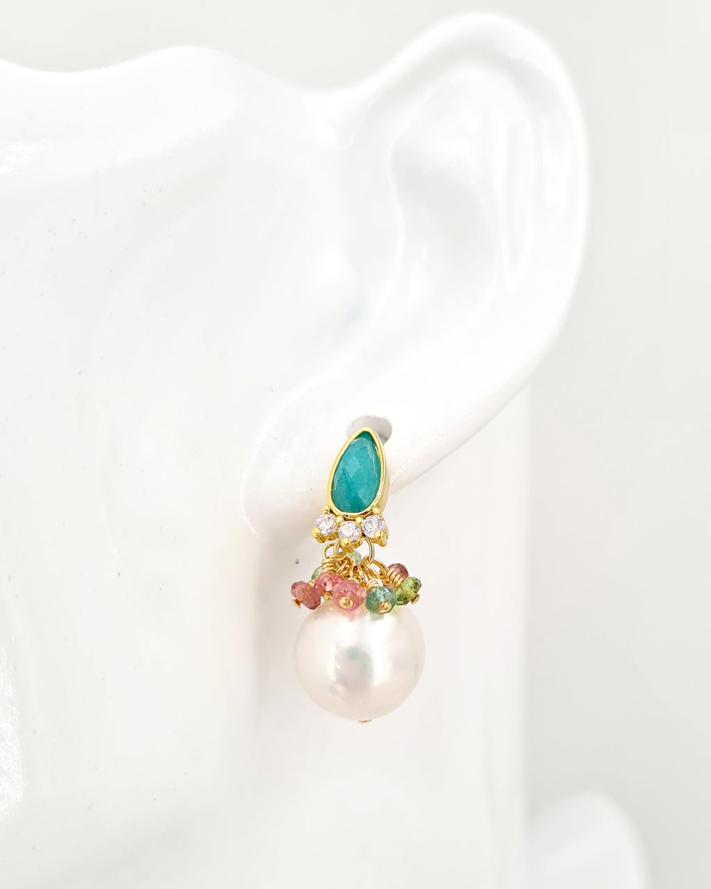 Classy Gemstone Cluster & Metallic White Edison Pearl Earrings - Green Chalcedony | Modern Wedding Pearl Jewelry for Brides