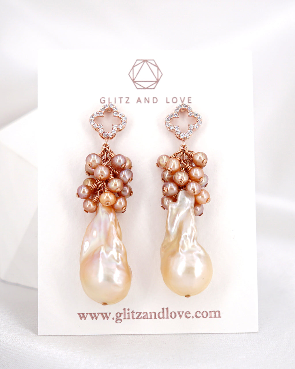 Peach Fuzz Baroque Pearl Earrings - Pearl Cluster Long Earrings