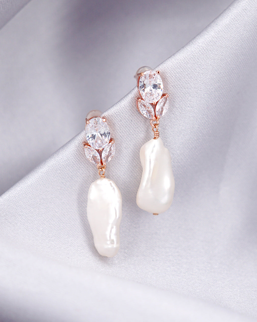 Oval Floral Earrings with Keshi Pearls - Wedding Bridal Jewelry for Brides and Bridesmaids | Singapore