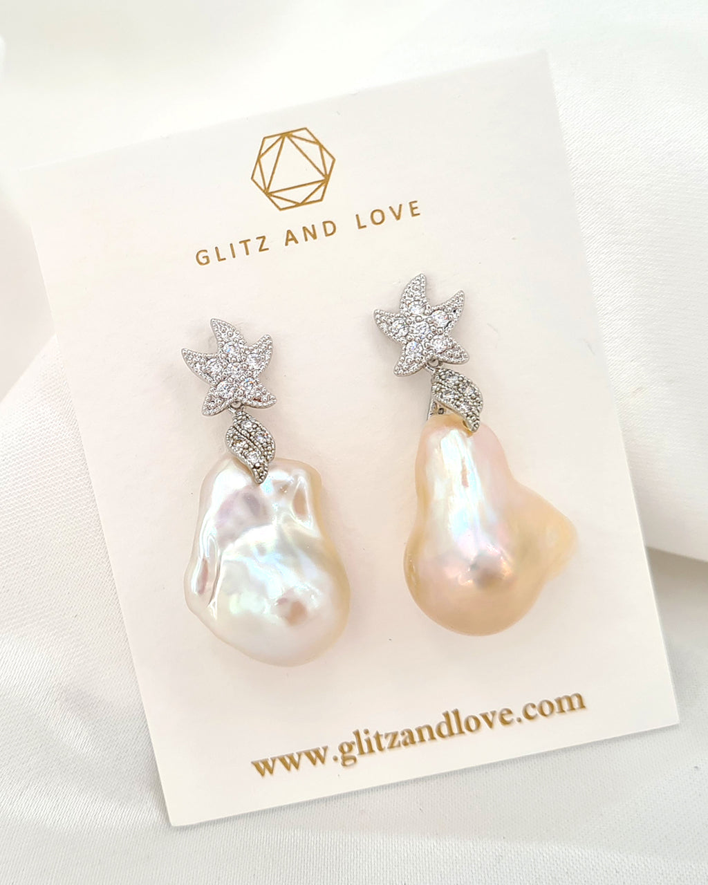 Statement Baroque Pearl Starfish Crystal Earrings - White Golden - Wedding Bridal Jewelry for Brides and Bridesmaids | Singapore