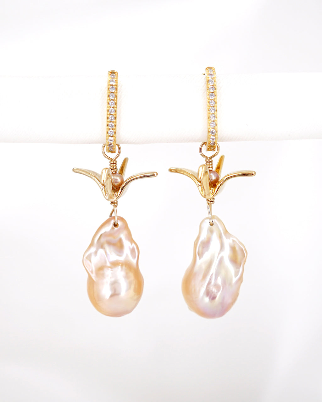 Origami Crane Baroque Pearl Earrings - Gold - Wedding Bridal Jewelry for Brides and Bridesmaids | Singapore