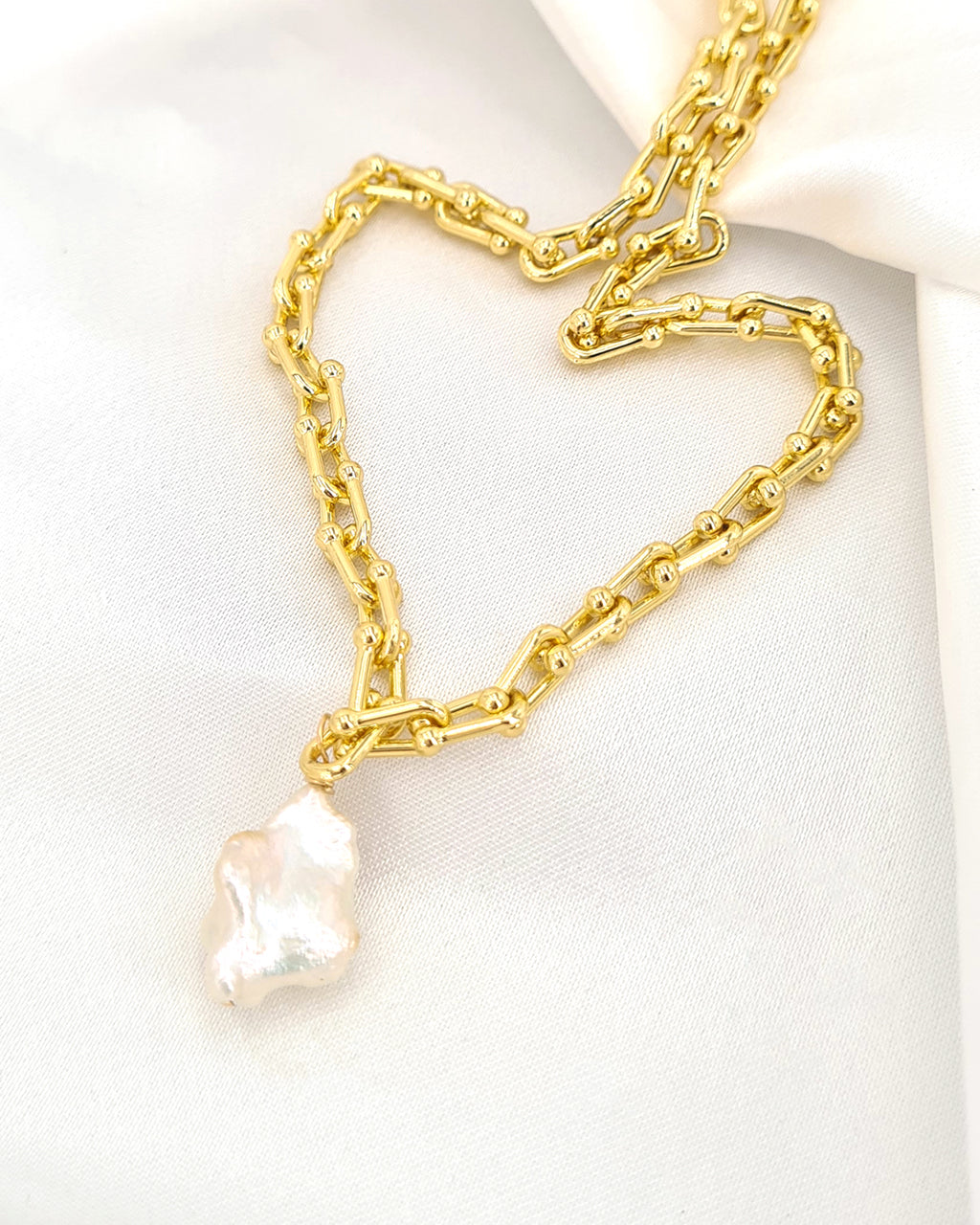 Gold Filled Hardware Link x Metallic White Large Keshi Baroque Pearl Necklace