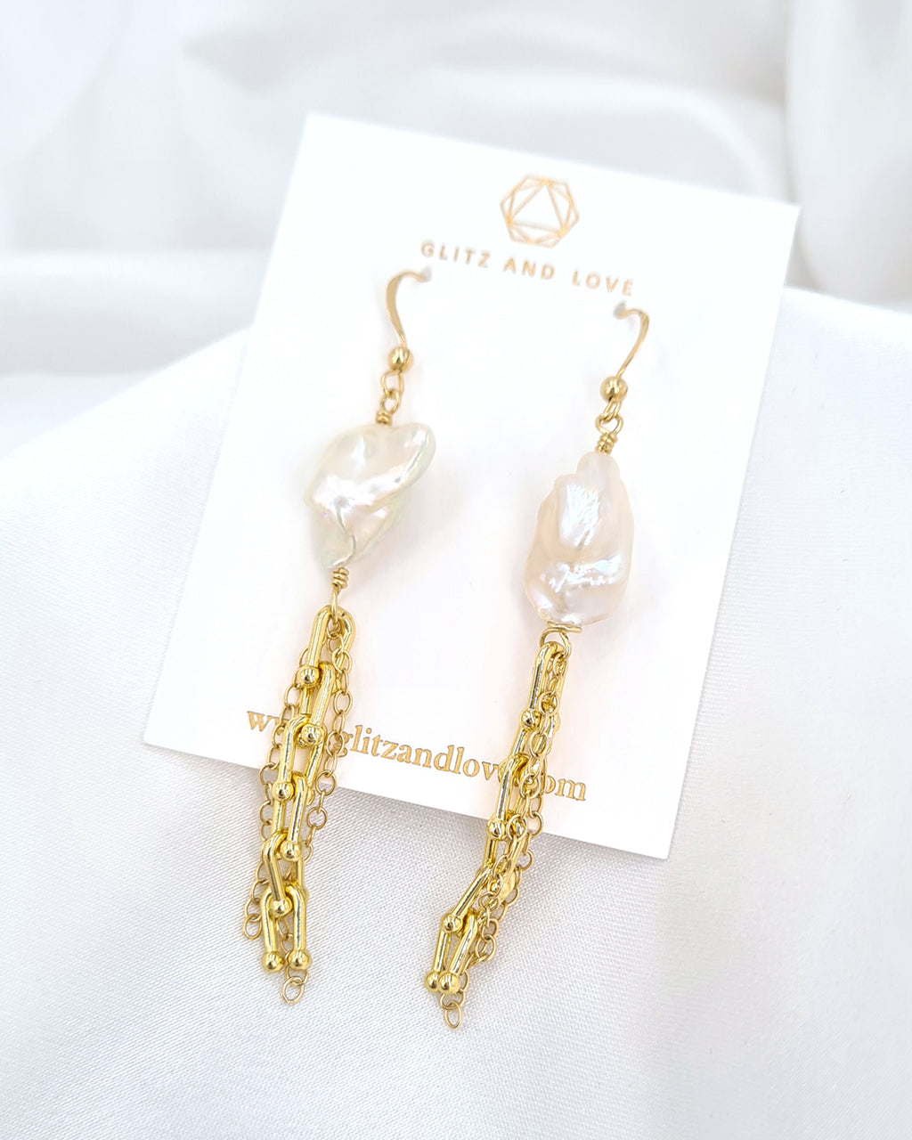 Hardware Link x Metallic White Large Keshi Baroque Pearl Statement Long Earrings