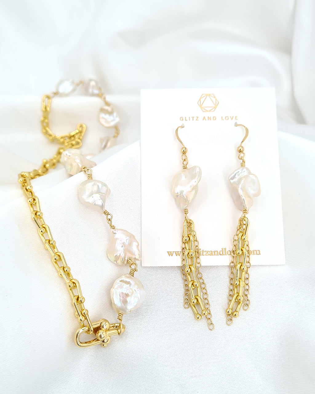 Gold Filled Hardware Link x Metallic White Large Keshi Baroque Pearl Statement Necklace