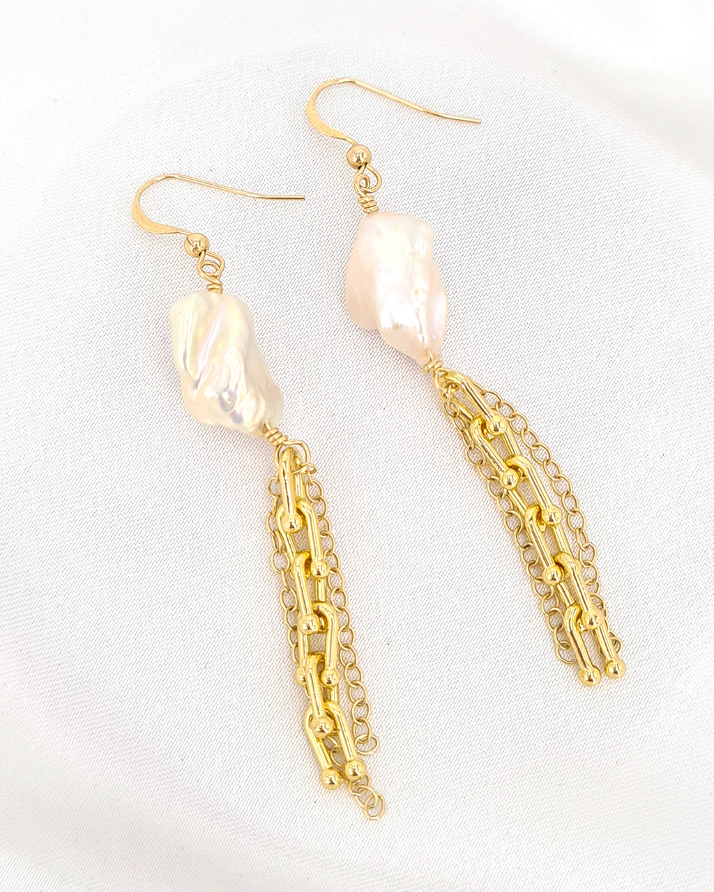 Hardware Link x Metallic White Large Keshi Baroque Pearl Statement Long Earrings