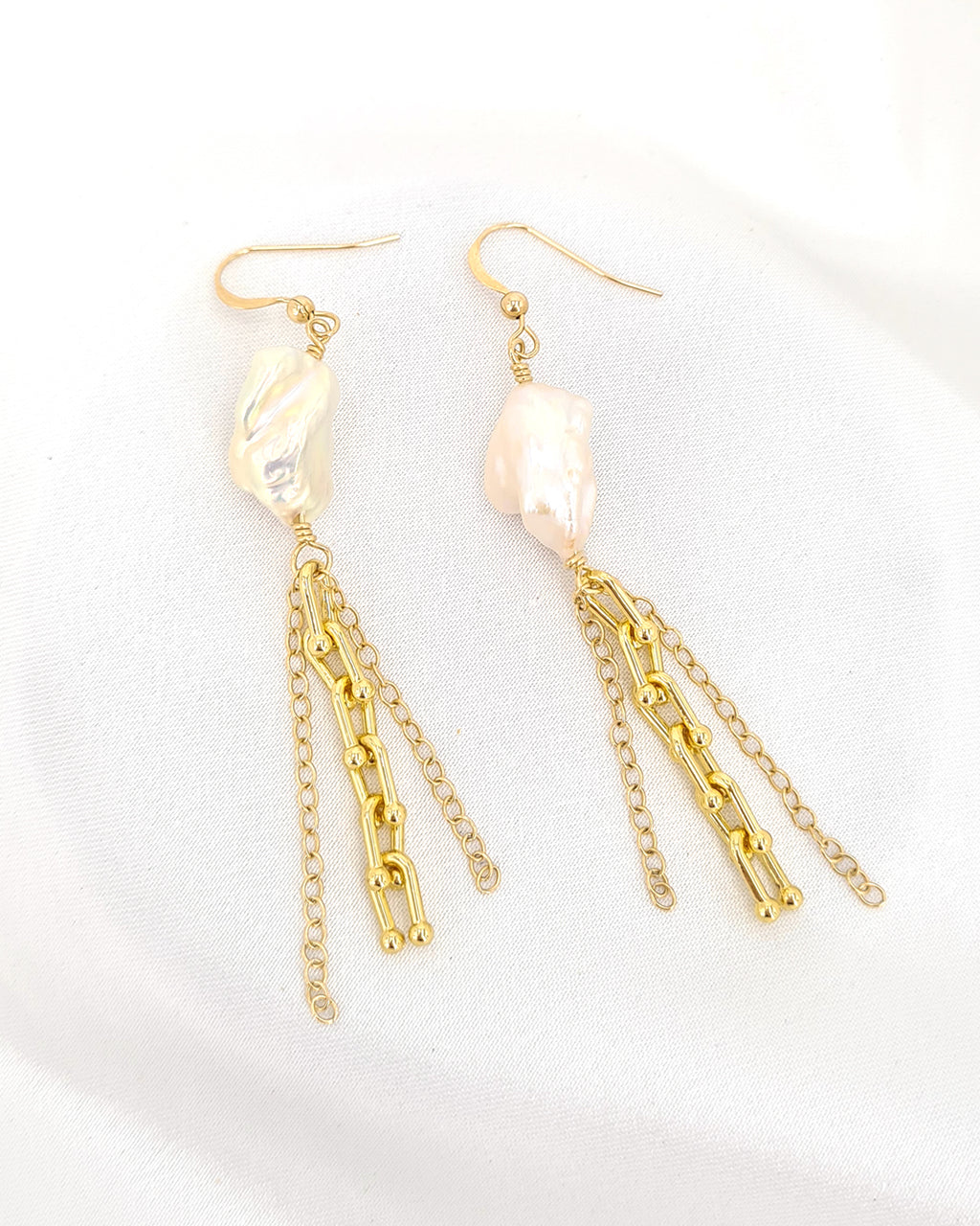 Hardware Link x Metallic White Large Keshi Baroque Pearl Statement Long Earrings