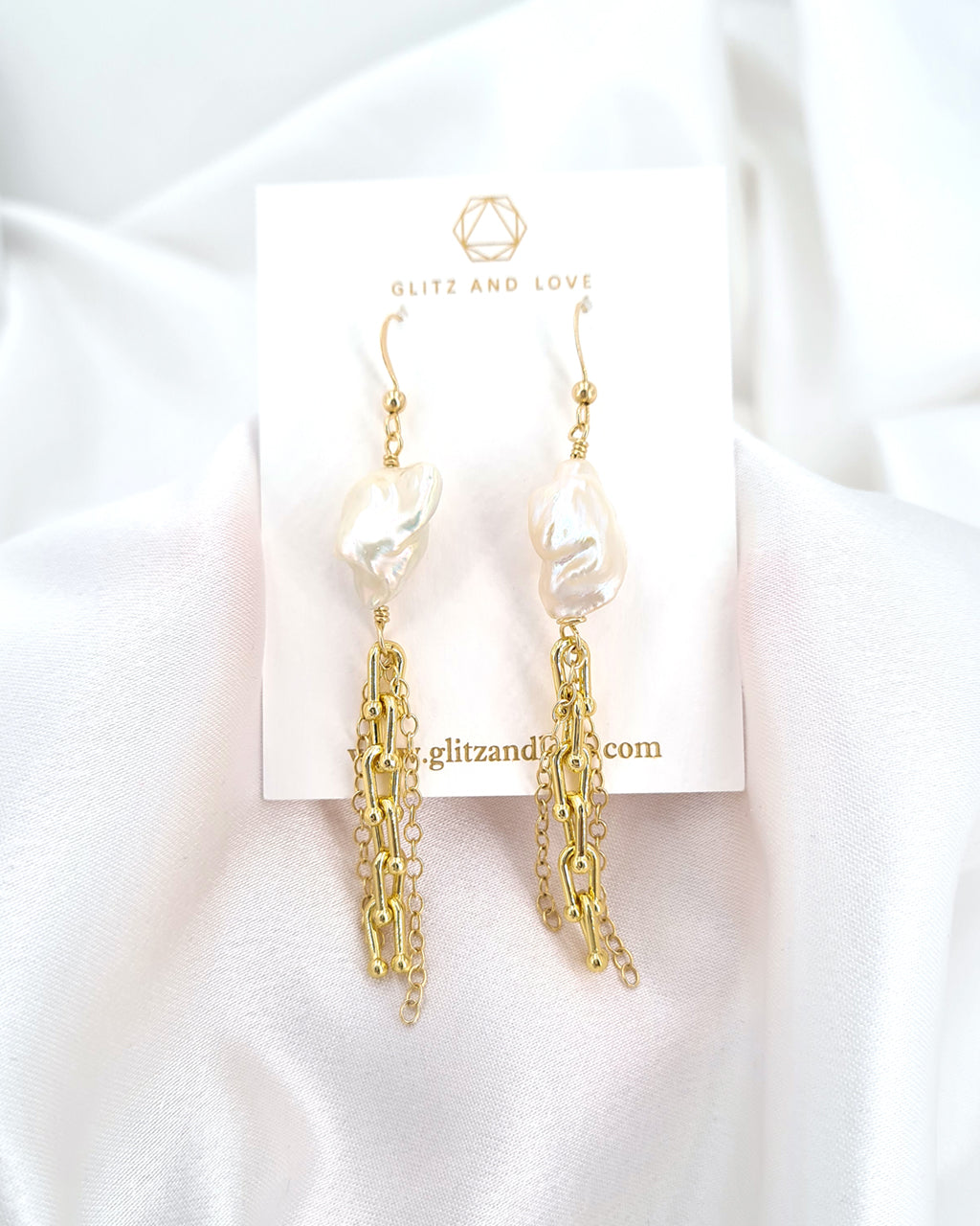 Hardware Link x Metallic White Large Keshi Baroque Pearl Statement Long Earrings
