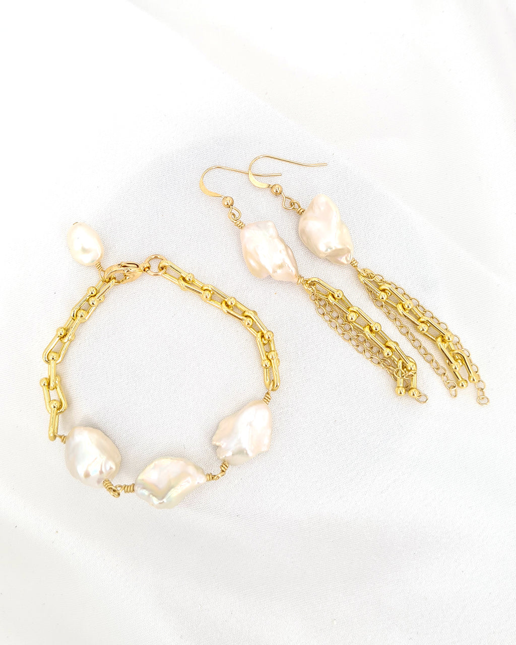 Hardware Link x Metallic White Large Keshi Baroque Pearl Statement Long Earrings