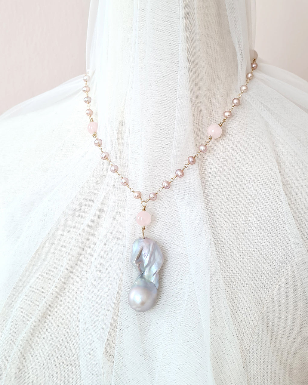 Grey Baroque Pearl and Rose Quartz Necklace - Wedding Bridal Jewelry for Brides and Bridesmaids | Singapore
