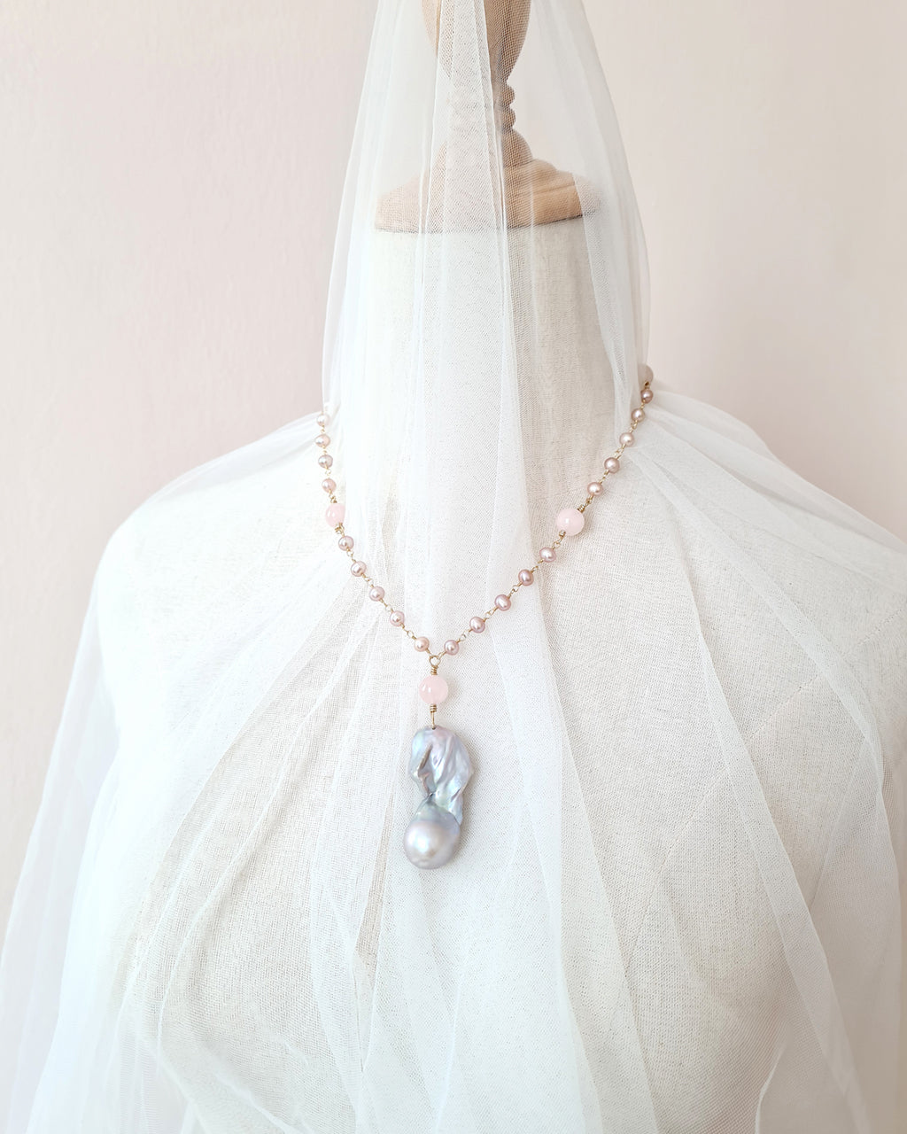 Grey Baroque Pearl and Rose Quartz Necklace - Wedding Bridal Jewelry for Brides and Bridesmaids | Singapore