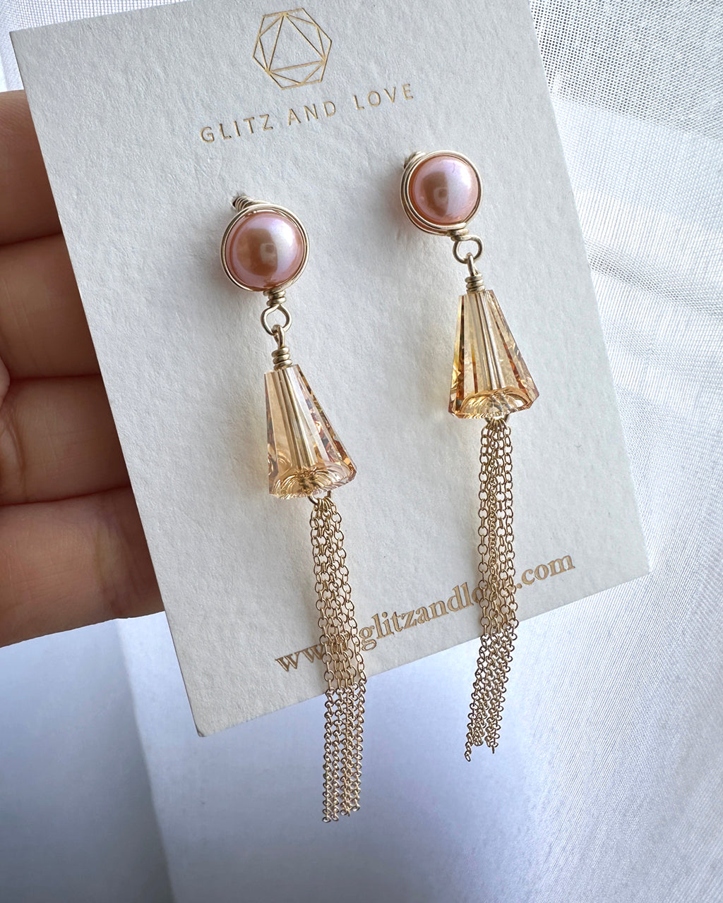 Purple Pearl Long Earrings - 14k Gold Filled Pearl Jewelry with Light Bronze Crystals