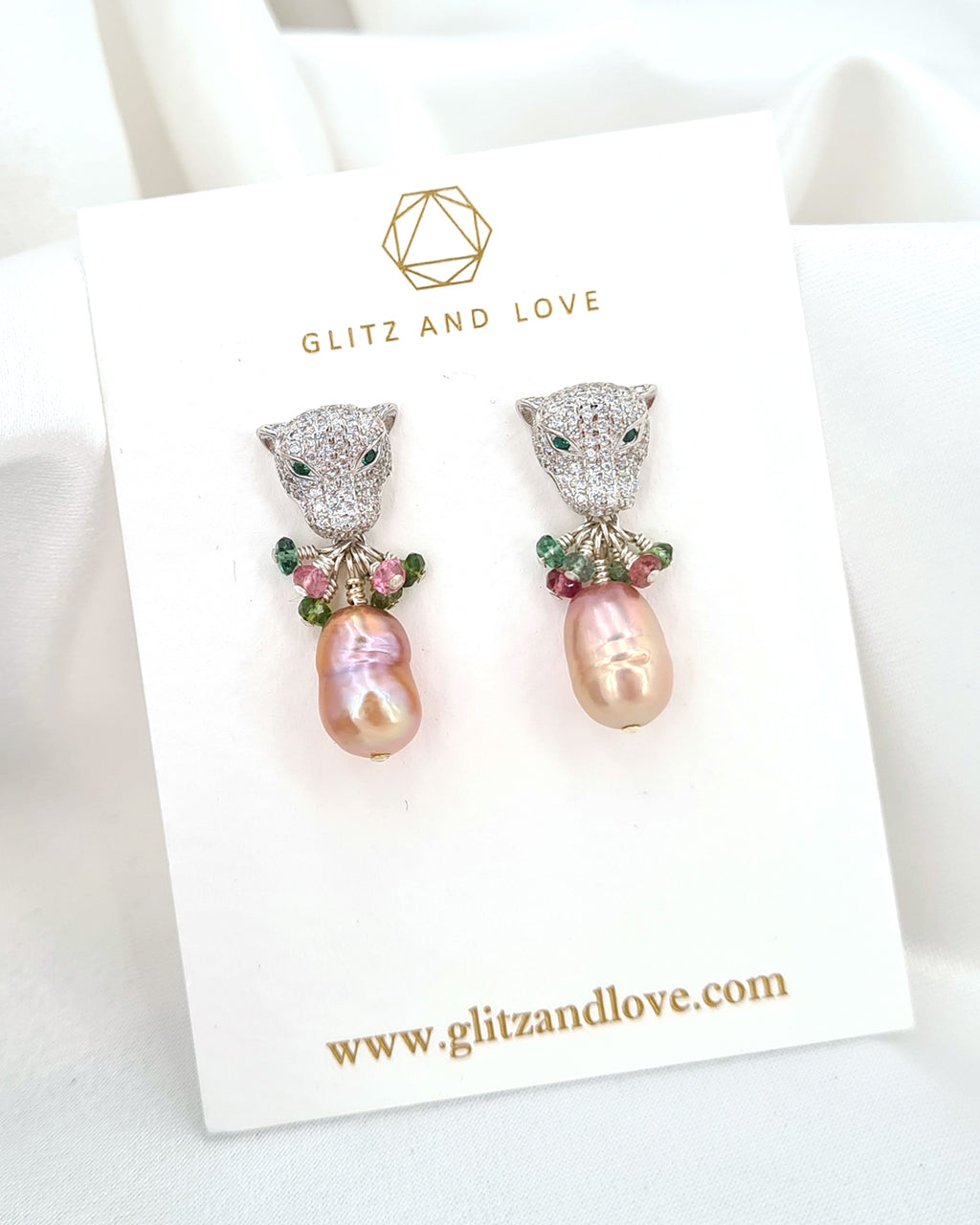 Green Eyed Panther Silver Earrings - Metallic Purple Baroque Edison Pearls - Wedding Bridal Jewelry for Brides and Bridesmaids | Singapore