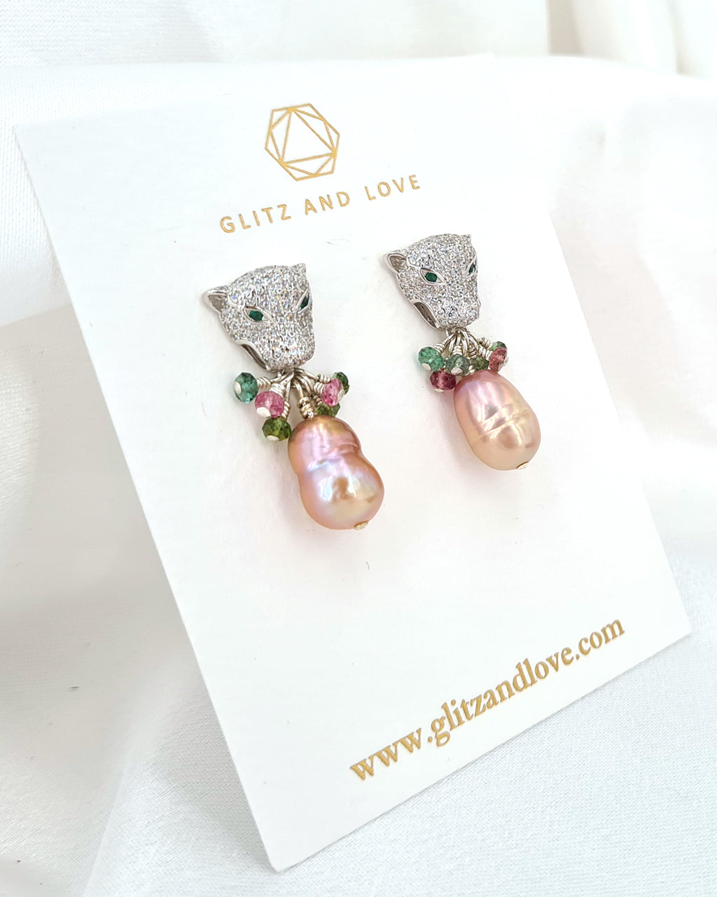 Green Eyed Panther Silver Earrings - Metallic Purple Baroque Edison Pearls - Wedding Bridal Jewelry for Brides and Bridesmaids | Singapore