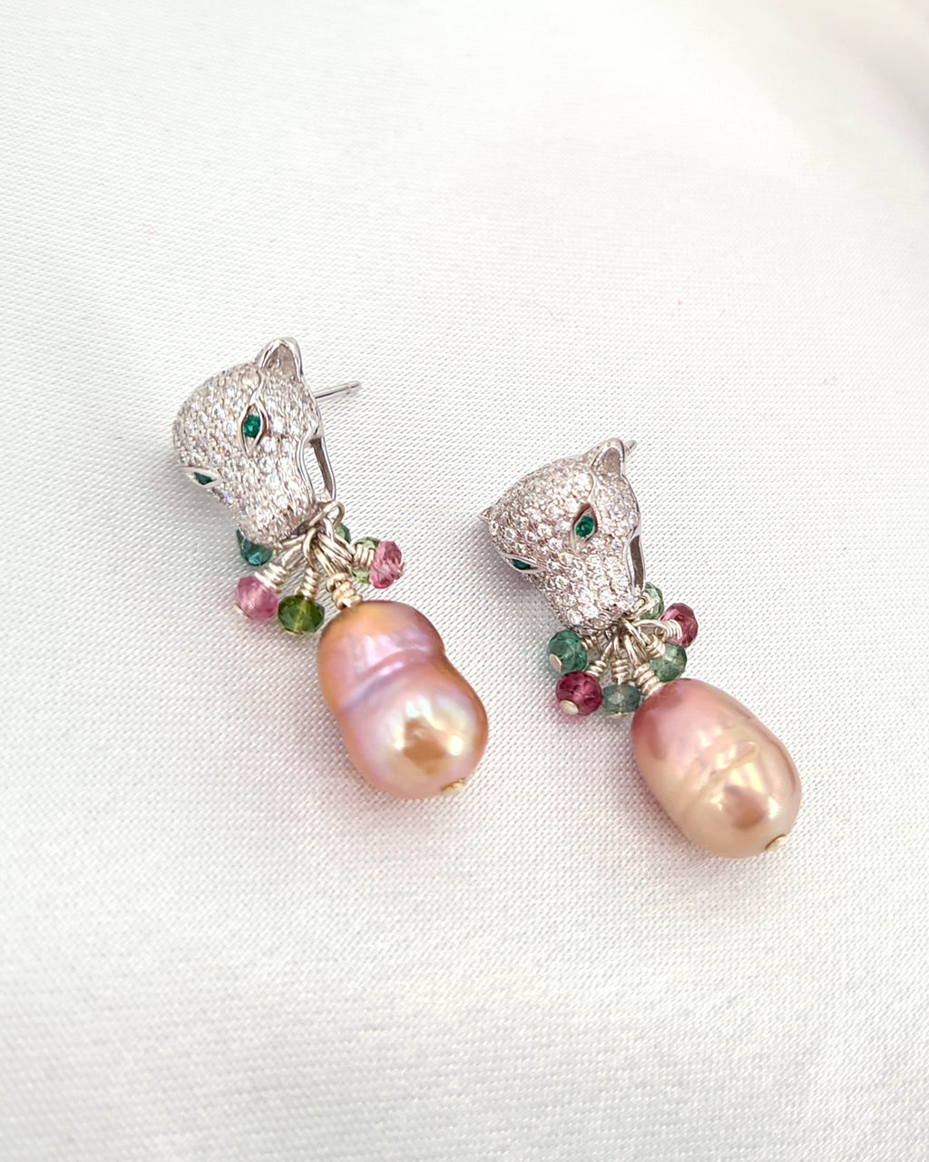 Green Eyed Panther Silver Earrings - Metallic Purple Baroque Edison Pearls - Wedding Bridal Jewelry for Brides and Bridesmaids | Singapore
