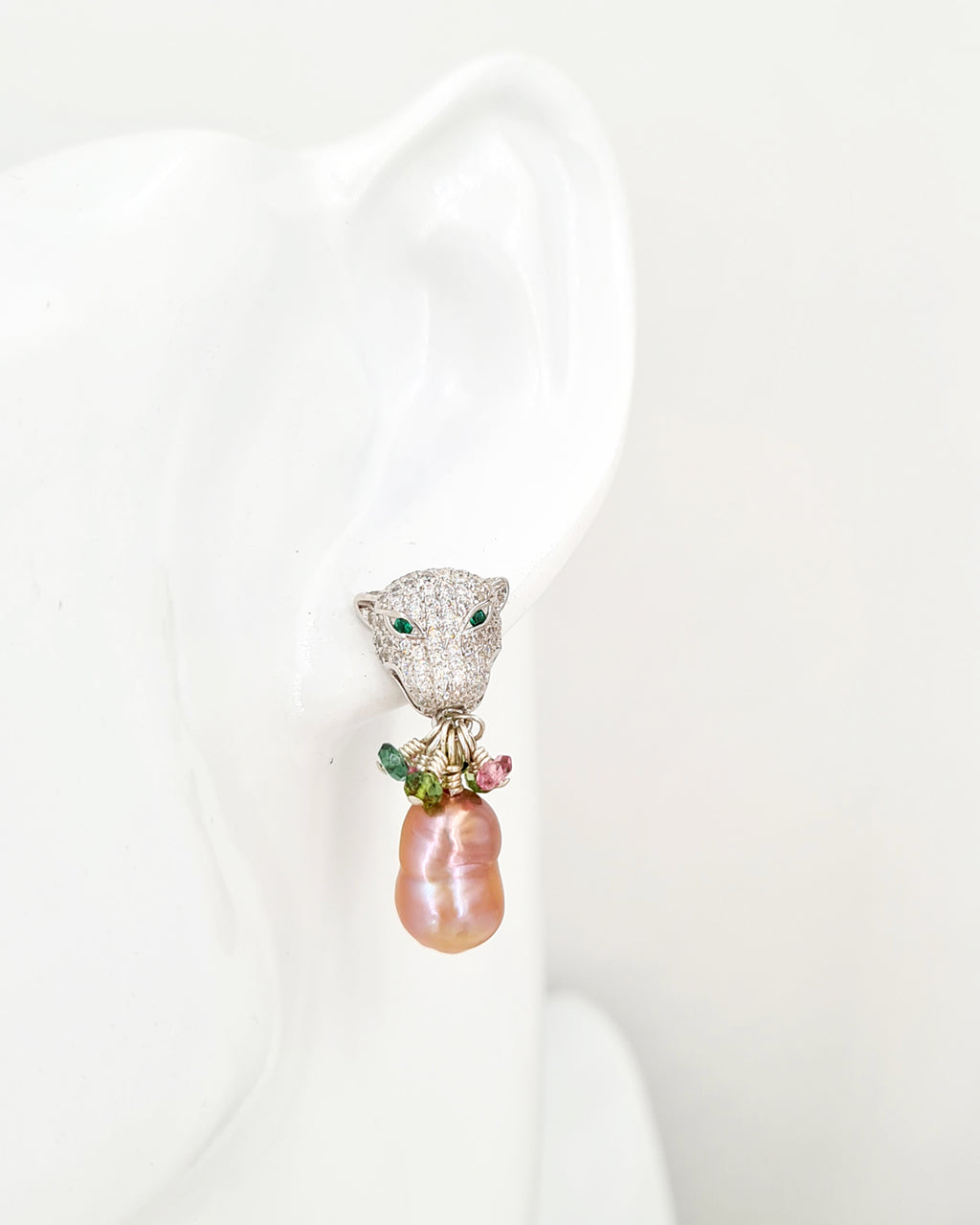 Green Eyed Panther Silver Earrings - Metallic Purple Baroque Edison Pearls - Wedding Bridal Jewelry for Brides and Bridesmaids | Singapore