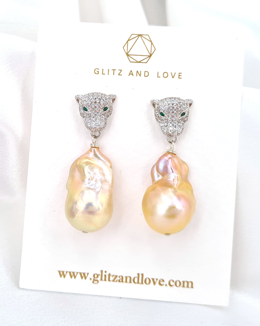 Green Eyed Panther Silver Earrings - Baroque Pearls - Wedding Bridal Jewelry for Brides and Bridesmaids | Singapore