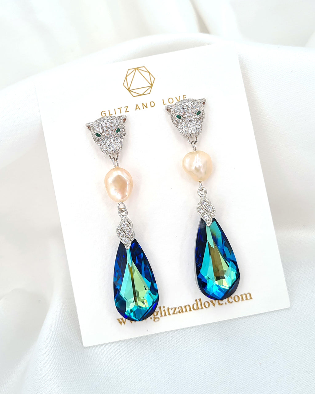 Green Eyed Panther Silver Earrings - Baroque Keshi Pearls & Bermuda Blue Crystals - Wedding Bridal Jewelry for Brides and Bridesmaids | Singapore