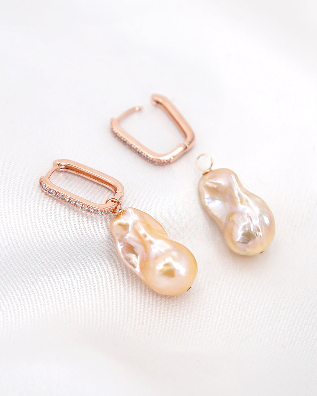 Peach Fuzz Baroque Pearl Earrings in Rose Gold