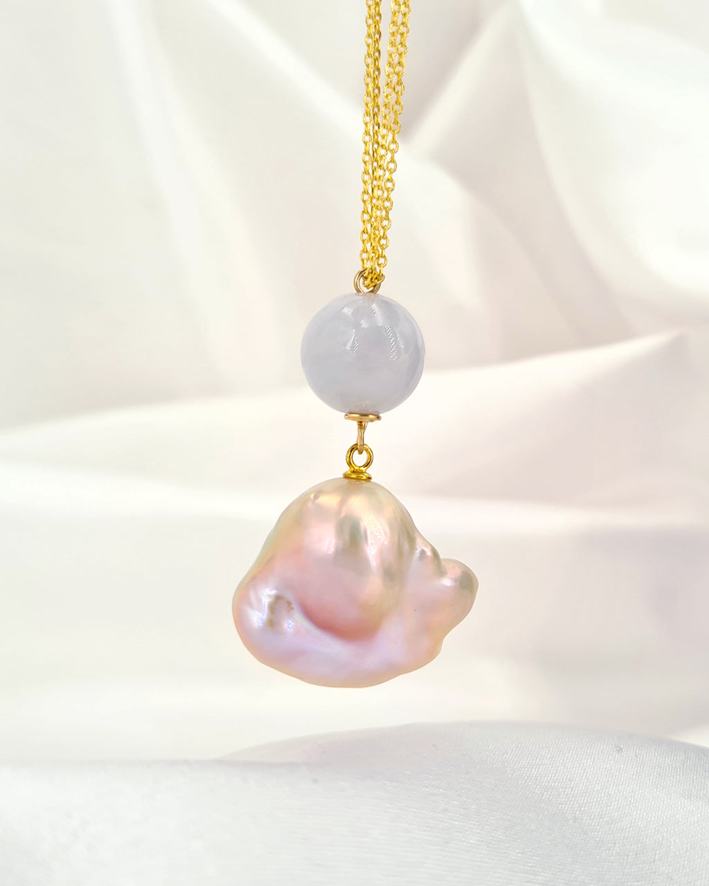 Pink Baroque Pearl & Jade Gold Necklace - Minimalist & Elegant - Wedding Bridal Jewelry for Brides and Bridesmaids | Singapore