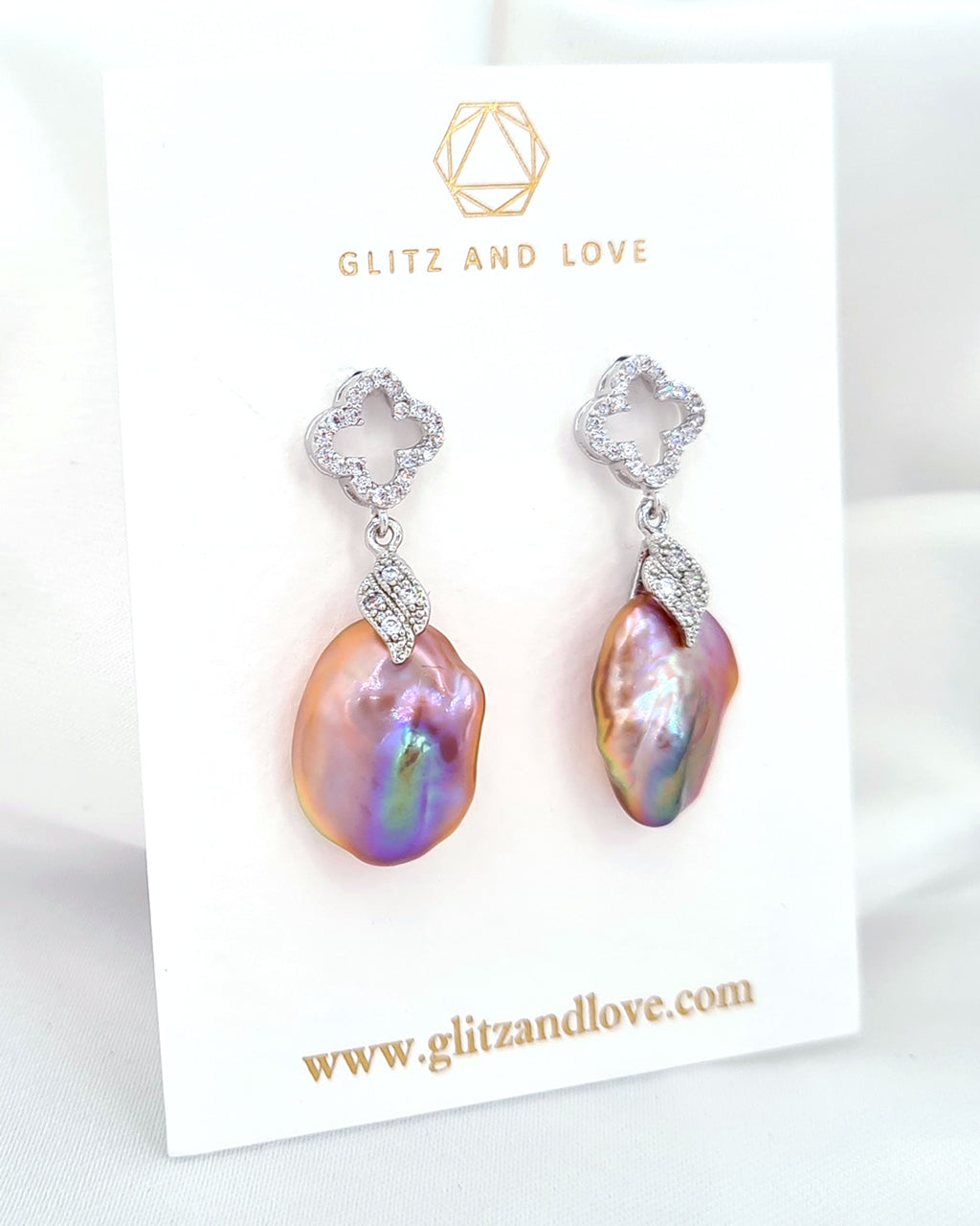 Baroque Pearl Clover Crystal Earrings - Purple Gold Pink Pearls 
