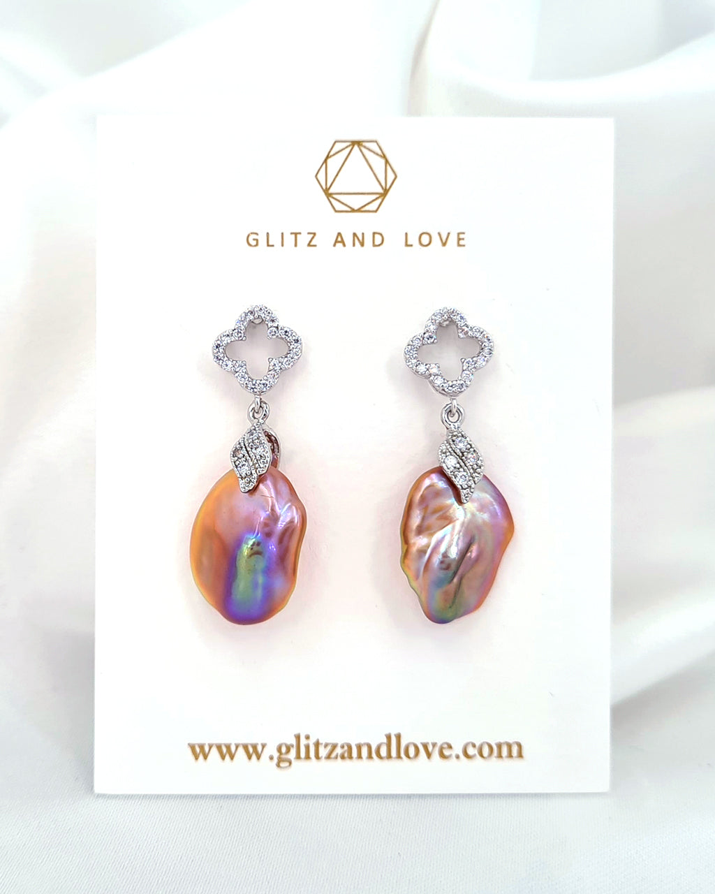 Baroque Pearl Clover Crystal Earrings - Purple Gold Pink Pearls 