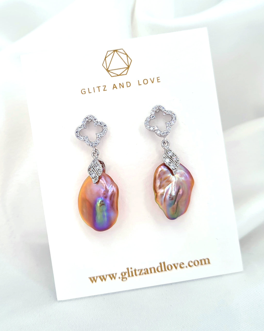 Baroque Pearl Clover Crystal Earrings - Purple Gold Pink Pearls