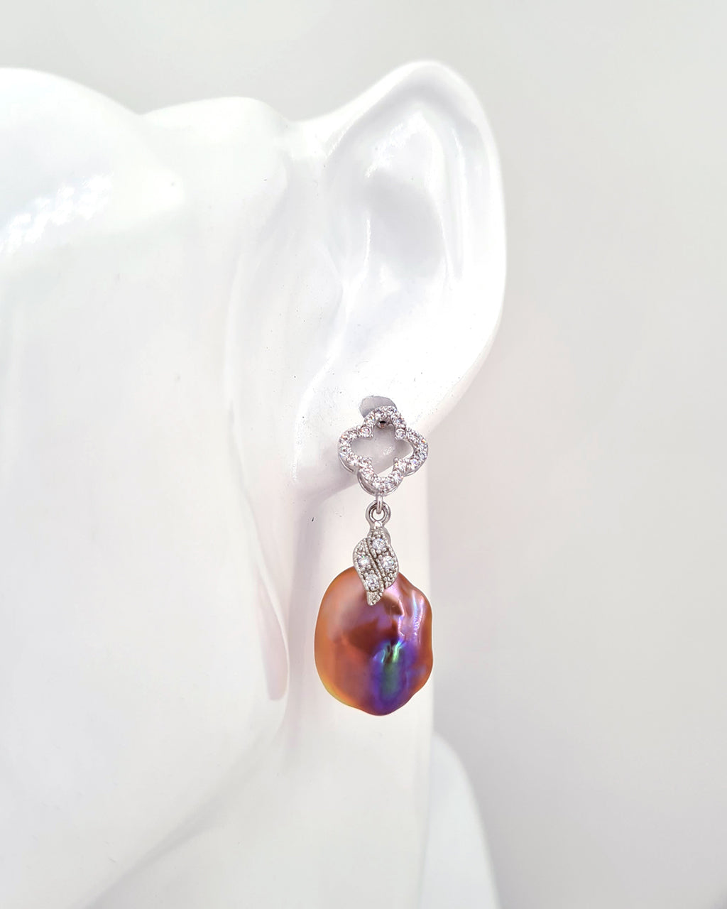 Baroque Pearl Clover Crystal Earrings - Purple Gold Pink Pearls 
