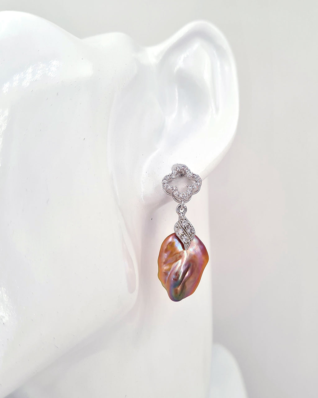 Baroque Pearl Clover Crystal Earrings - Purple Gold Pink Pearls 