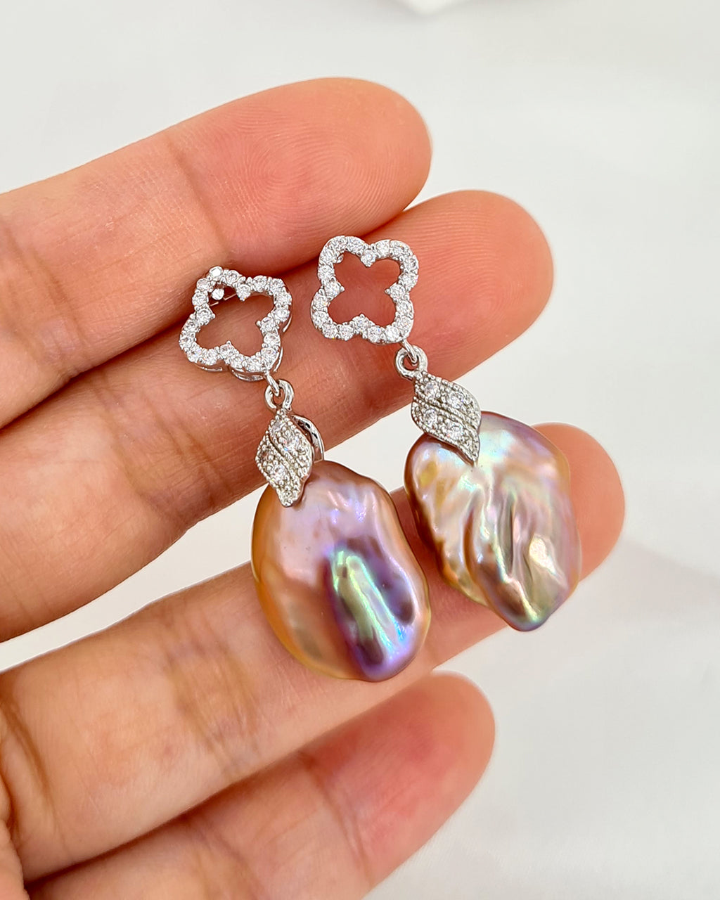 Baroque Pearl Clover Crystal Earrings - Purple Gold Pink Pearls 