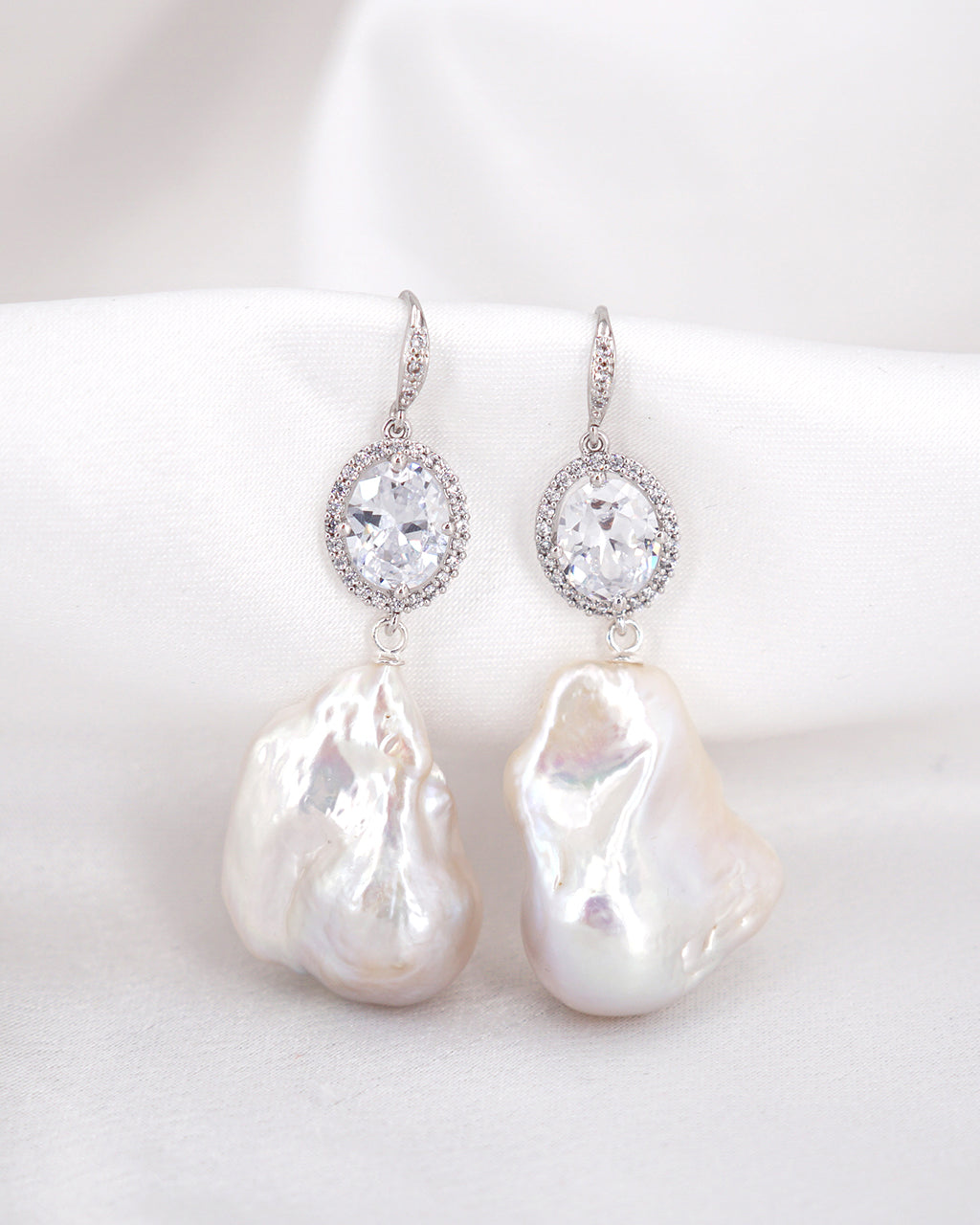 Statement Baroque Pearl Oval Chandelier Earrings - White Flameball - Wedding Bridal Jewelry for Brides and Bridesmaids | Singapore