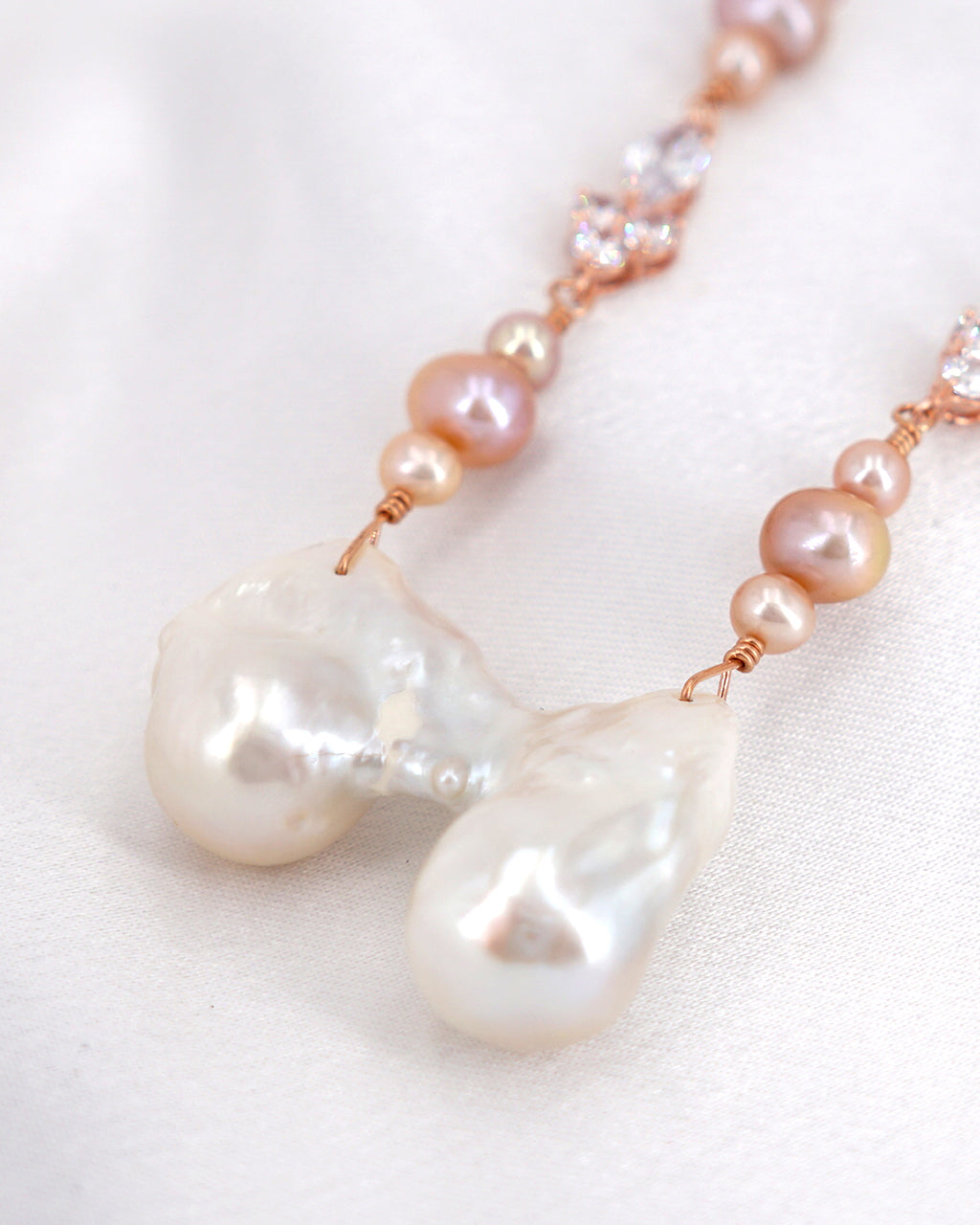 Twin White Baroque Pearl Necklace - Golden Pink - Wedding Bridal Jewelry for Brides and Bridesmaids | Baroque Pearl Jewelry for Mother's Day Gifts