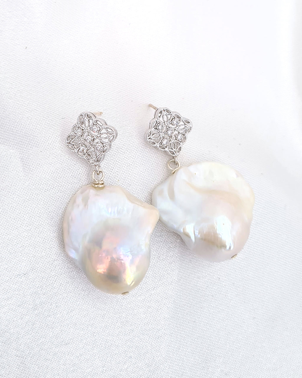 Baroque Pearl Earrings - Vintage Filigree Icy White