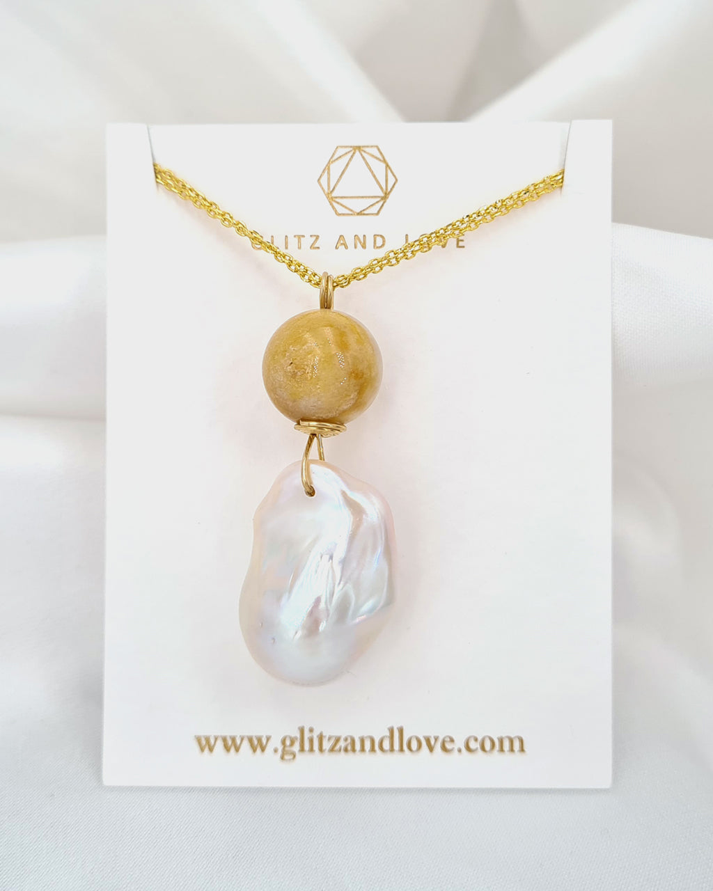 White Baroque Pearl & Yellow Jade Gold Necklace - Minimalist & Elegant - Wedding Bridal Jewelry for Brides and Bridesmaids | Baroque Pearl Jewelry for Mother's Day Gifts