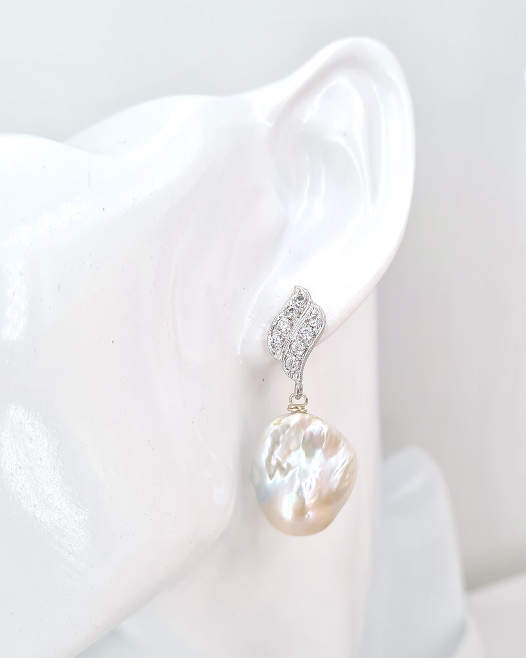 Baroque Pearl Jewelry | Statement Spiral Baroque Pearl Earrings - Icy White