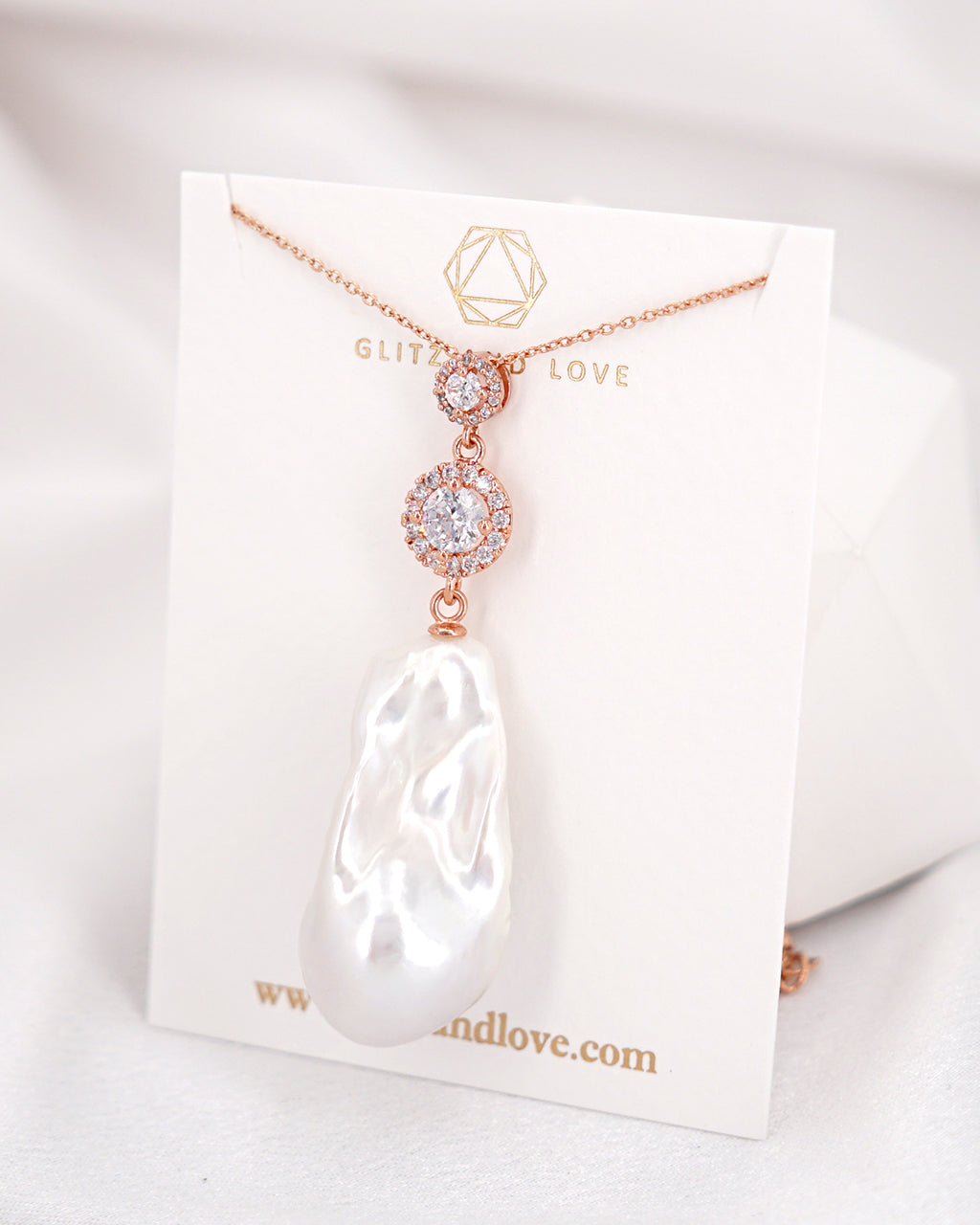 White Baroque Pearl Pendant Rose Gold Necklace - Round Halo - Wedding Bridal Jewelry for Brides and Bridesmaids | Baroque Pearl Jewelry for Mother's Day Gifts